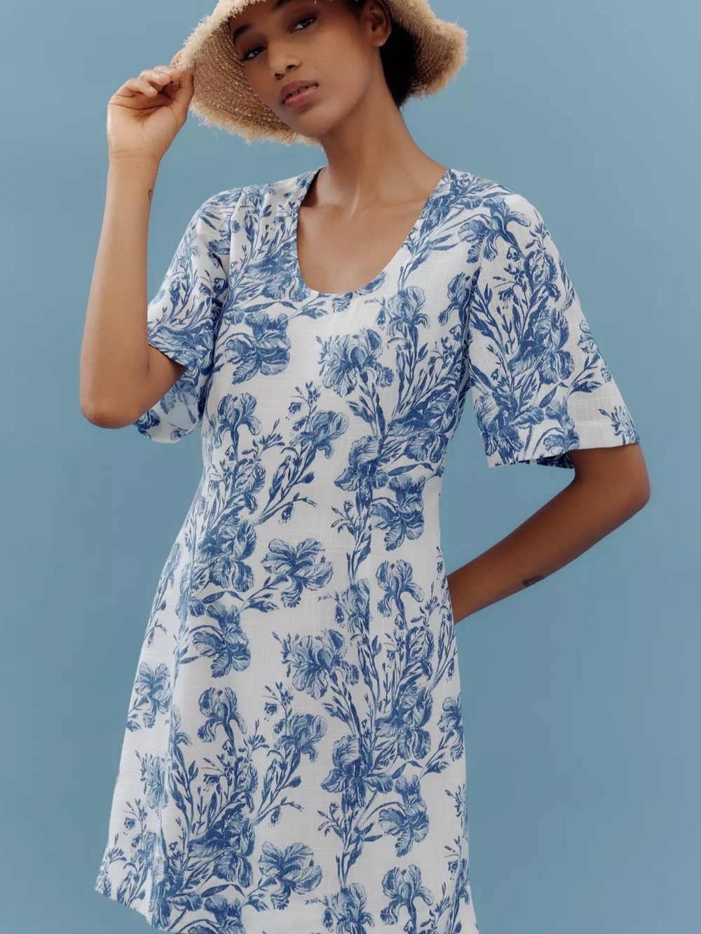 Anthropologie White Mini Dress with Blue Floral Print